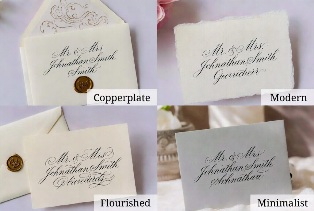 Comparison grid — one example each of Copperplate, Modern, Flourished, and Minimalist calligraphy on a wedding envelope
