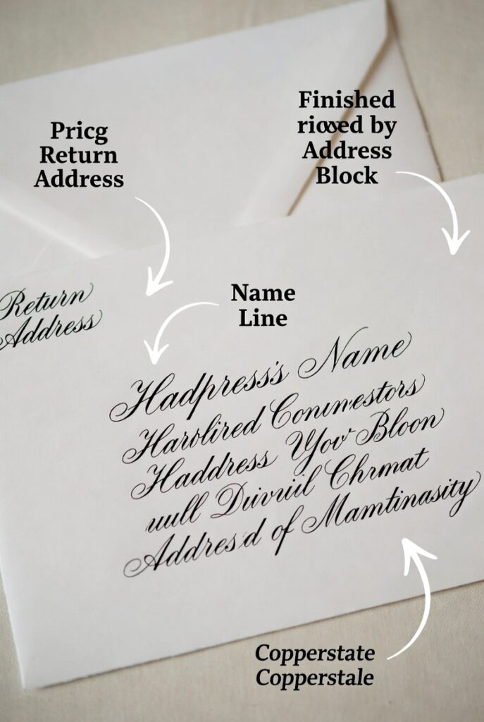 A finished, hand-addressed wedding envelope in Copperplate calligraphy, labeled to show name line, address block, and return address placement
