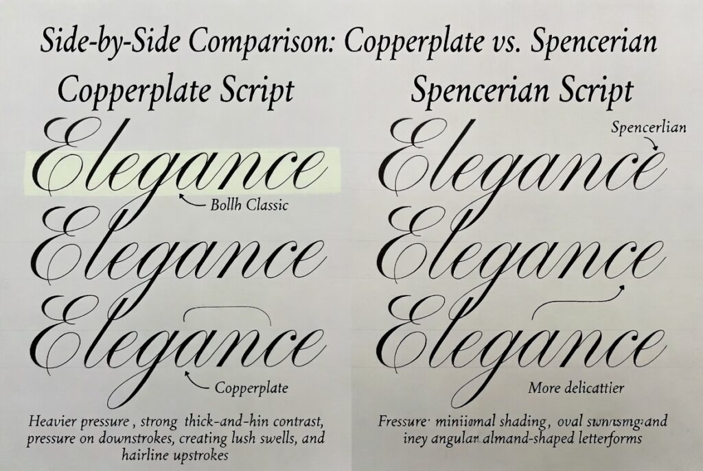 Side-by-side comparison — the same word written in Copperplate and Spencerian, highlighting the pressure and letterform differences