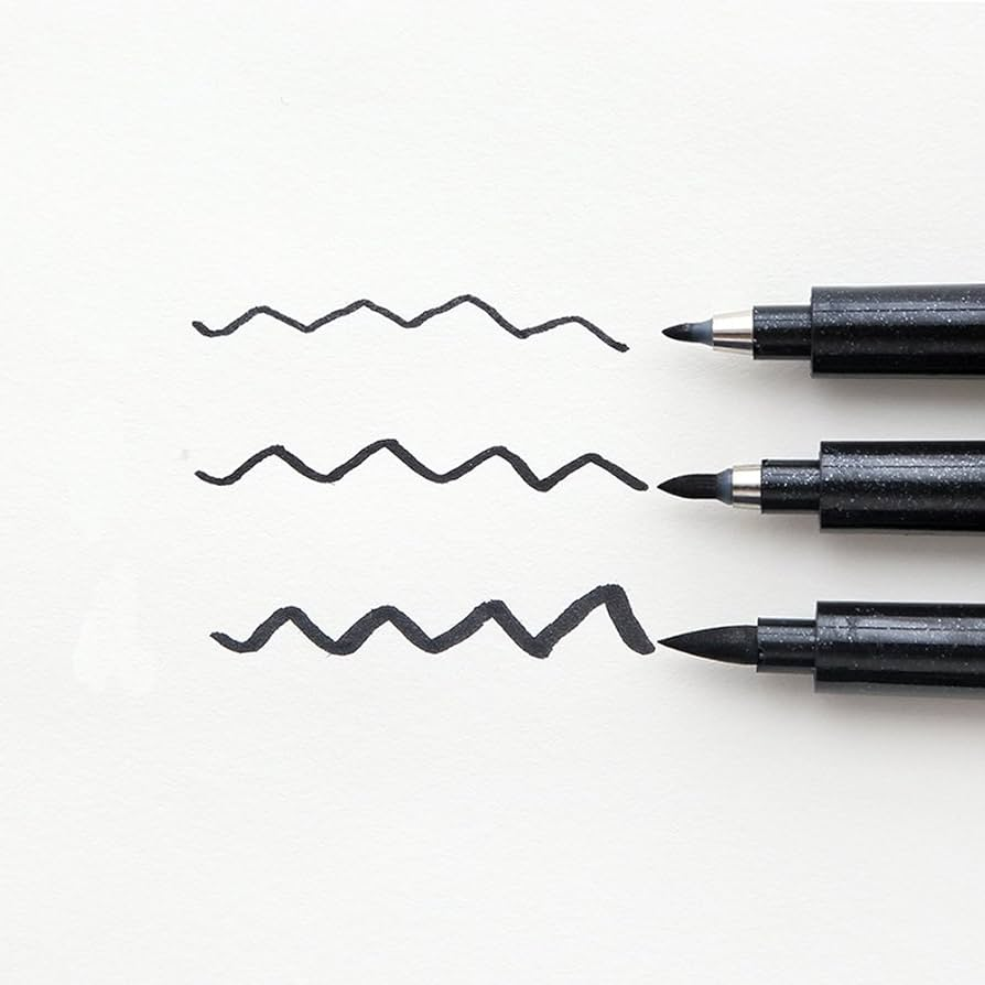 Three separate kit flat-lays — pointed pen kit, brush pen kit, and fountain pen kit, each labeled with contents and total price