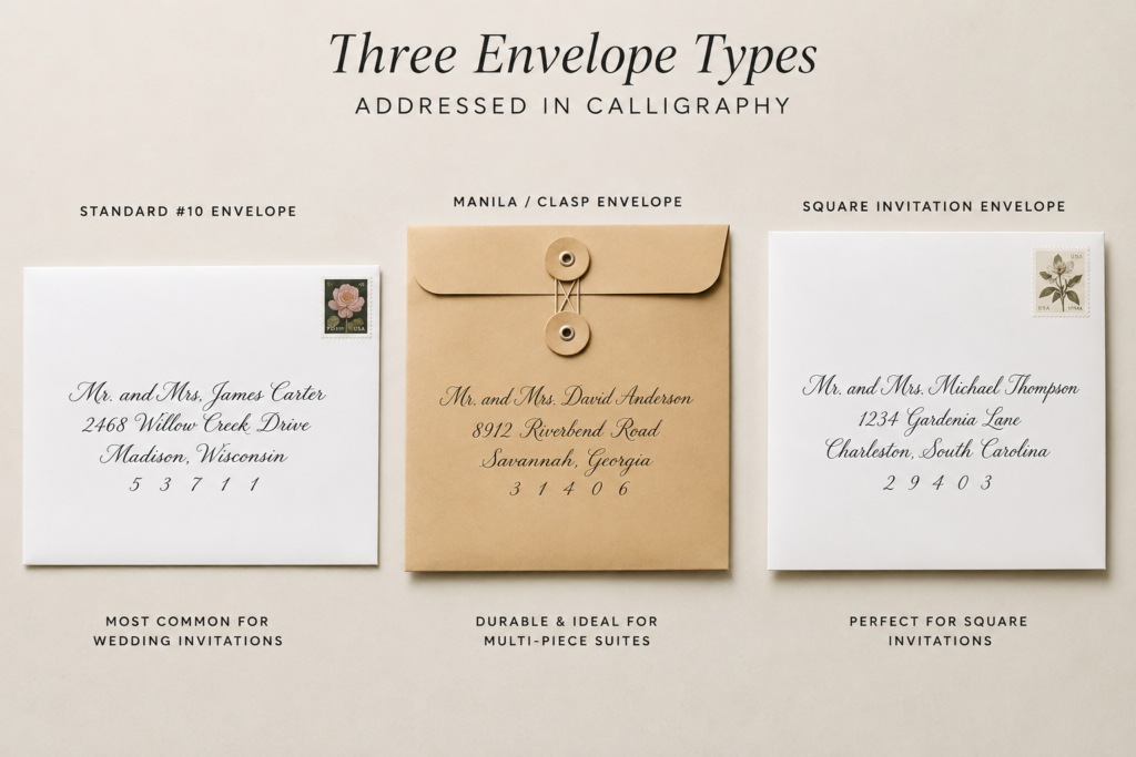 standard #10, manila/clasp, and square invitation envelope each addressed in calligraphy
