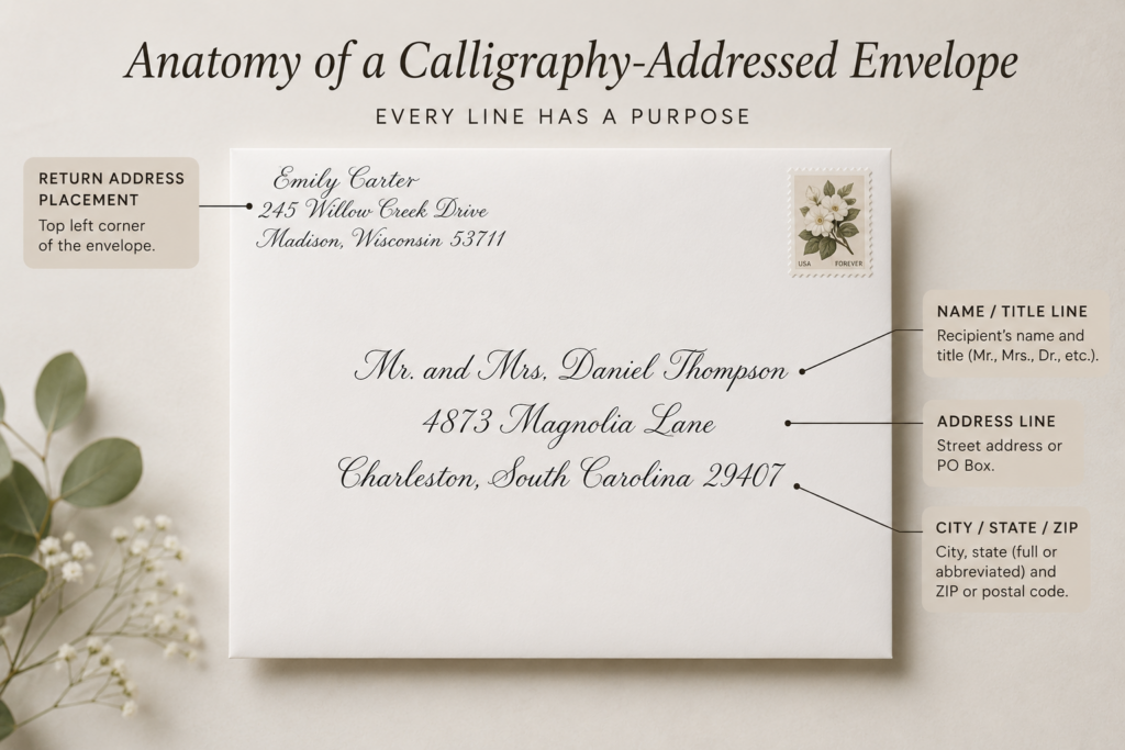 A finished calligraphy-addressed envelope with each line labeled — name/title, address line, city/state/zip, and return address placement