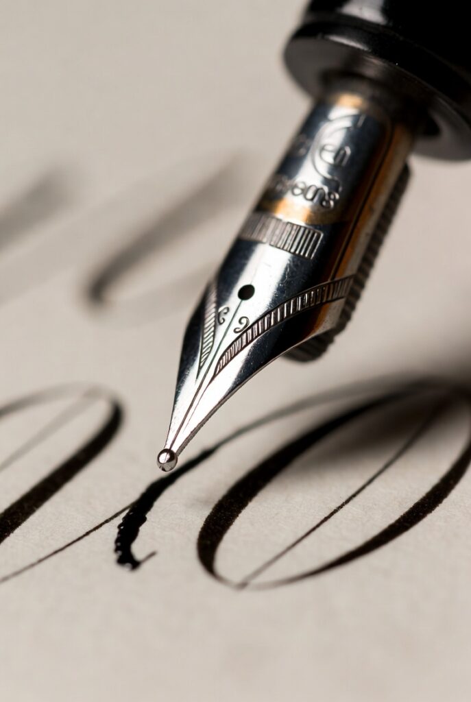 Close-up of a pointed pen mid-downstroke on Copperplate lettering, showing the nib tines spread under pressure