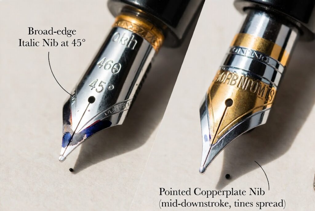 Close-up comparison of nib angle a broad-edge Italic nib at 45° next to a pointed Copperplate nib mid-downstroke, showing the tines spread apart