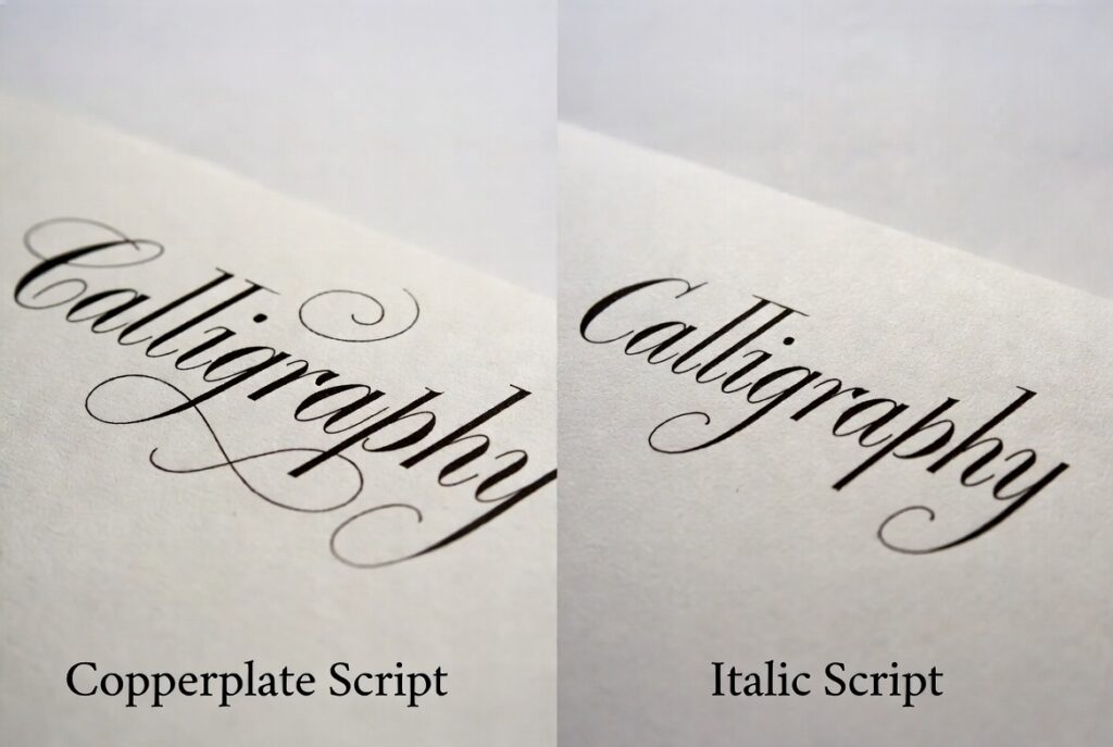 Side-by-side photo the word "calligraphy" written once in Copperplate and once in Italic, same size, same ink, labeled underneath each sample